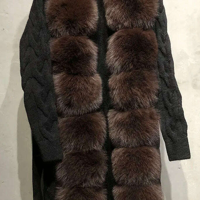 YOLOAgain Autumn Elegant Slim Black Sweater Real Fox Fur Cardigan Women Outerwear