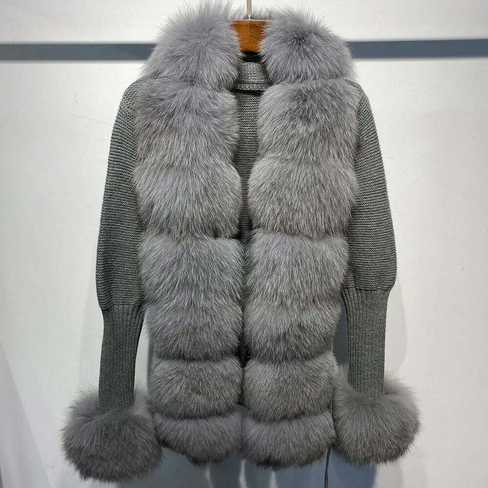 YOLOAgain Autumn Elegant Slim Black Sweater Real Fox Fur Cardigan Women Outerwear