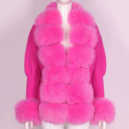 YOLOAgain Autumn Elegant Slim Black Sweater Real Fox Fur Cardigan Women Outerwear