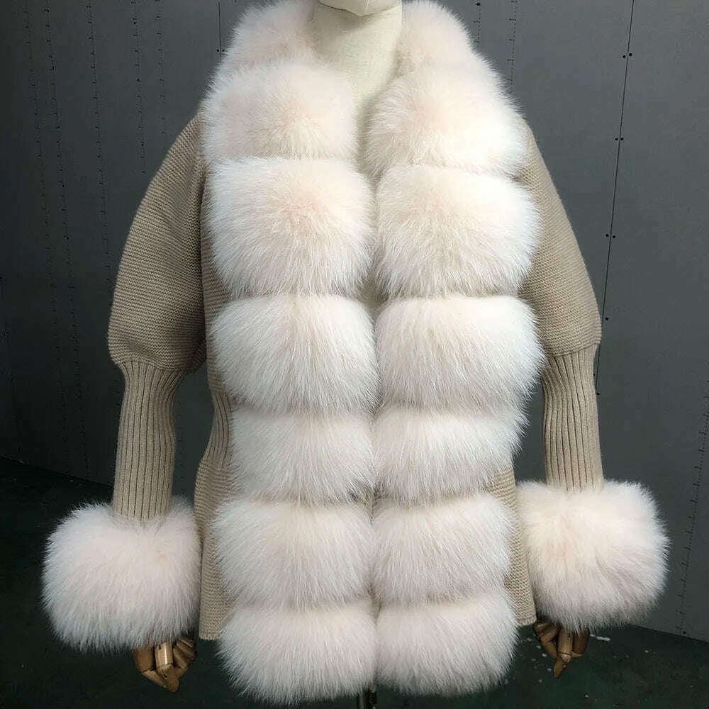 YOLOAgain Autumn Elegant Slim Black Sweater Real Fox Fur Cardigan Women Outerwear