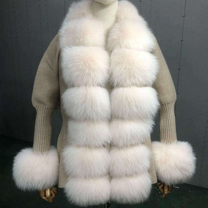 YOLOAgain Autumn Elegant Slim Black Sweater Real Fox Fur Cardigan Women Outerwear