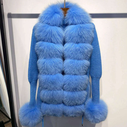 YOLOAgain Autumn Elegant Slim Black Sweater Real Fox Fur Cardigan Women Outerwear