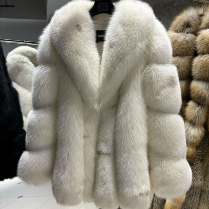 YOLOAgain Women's Luxury White Fox Fur Coat 2024 Winter Warm Real Fox Fur Jacket
