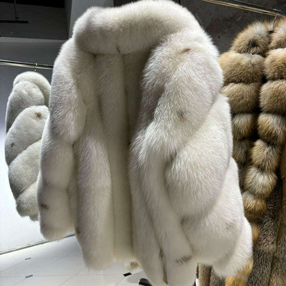 YOLOAgain Women's Luxury White Fox Fur Coat 2024 Winter Warm Real Fox Fur Jacket