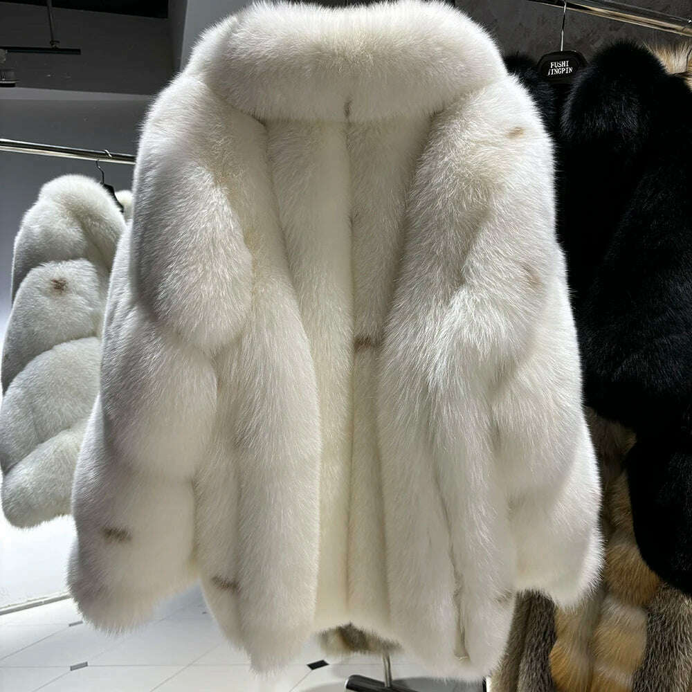YOLOAgain Women's Luxury White Fox Fur Coat 2024 Winter Warm Real Fox Fur Jacket