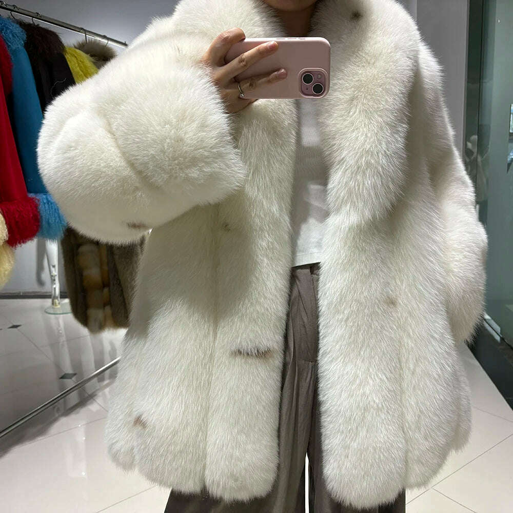 YOLOAgain Women's Luxury White Fox Fur Coat 2024 Winter Warm Real Fox Fur Jacket