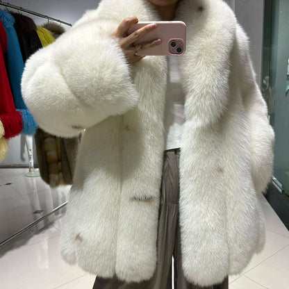 YOLOAgain Women's Luxury White Fox Fur Coat 2024 Winter Warm Real Fox Fur Jacket