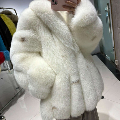 YOLOAgain Women's Luxury White Fox Fur Coat 2024 Winter Warm Real Fox Fur Jacket