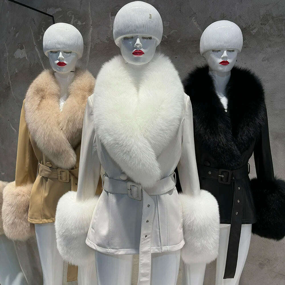 YOLOAgain Women's Real Fox Fur Collar Sheepskin Leather Jacket Coat Autumn 2024