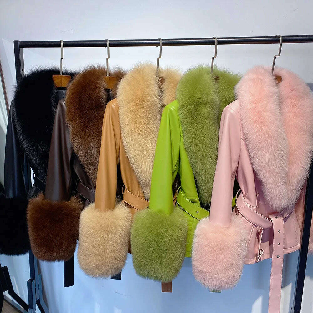 YOLOAgain Women's Real Fox Fur Collar Sheepskin Leather Jacket Coat Autumn 2024