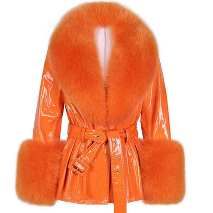 YOLOAgain Women's Real Fox Fur Collar Sheepskin Leather Jacket Coat Autumn 2024