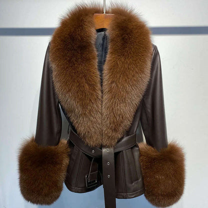 YOLOAgain Women's Real Fox Fur Collar Sheepskin Leather Jacket Coat Autumn 2024