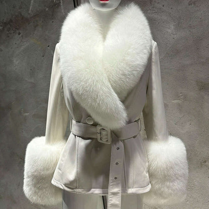 YOLOAgain Women's Real Fox Fur Collar Sheepskin Leather Jacket Coat Autumn 2024