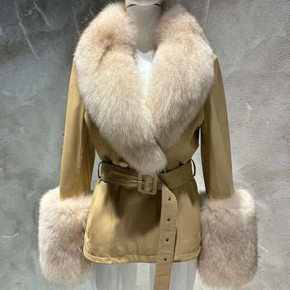 YOLOAgain Women's Real Fox Fur Collar Sheepskin Leather Jacket Coat Autumn 2024