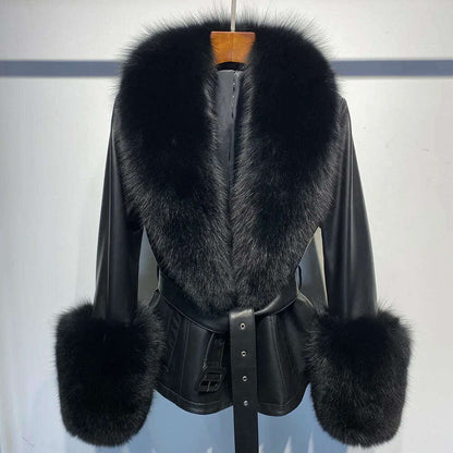 YOLOAgain Women's Real Fox Fur Collar Sheepskin Leather Jacket Coat Autumn 2024