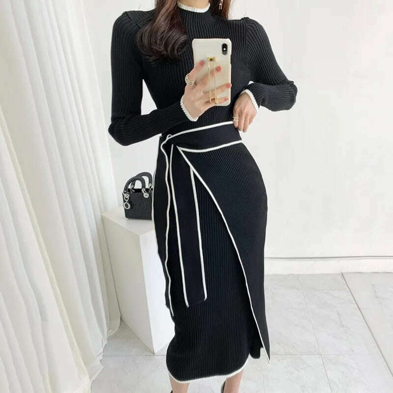 YuooMuoo Elegant Lace Up Turtleneck Knitted Long Dress Korean Fashion Khaki Black Rib Bandage Bodycon Sweater Dress Robe Femme