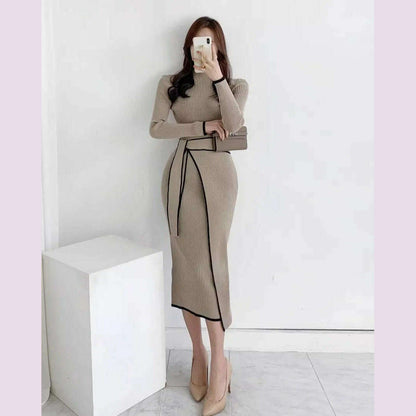 YuooMuoo Elegant Lace Up Turtleneck Knitted Long Dress Korean Fashion Khaki Black Rib Bandage Bodycon Sweater Dress Robe Femme