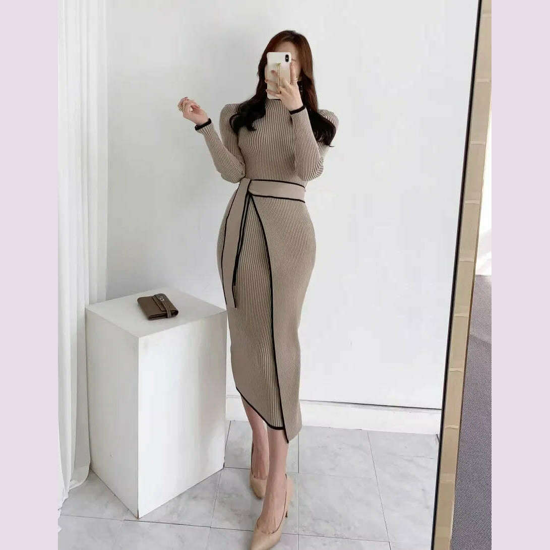 YuooMuoo Elegant Lace Up Turtleneck Knitted Long Dress Korean Fashion Khaki Black Rib Bandage Bodycon Sweater Dress Robe Femme