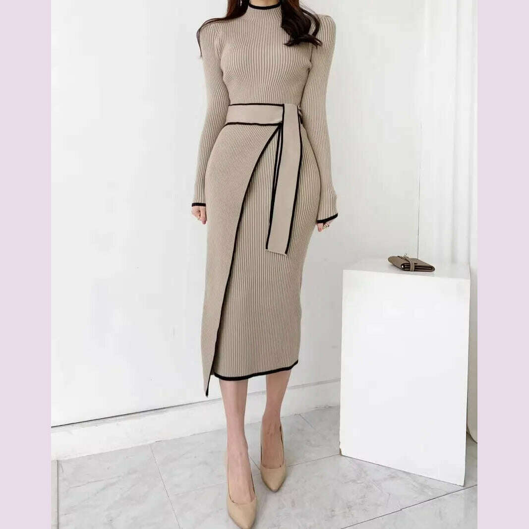 YuooMuoo Elegant Lace Up Turtleneck Knitted Long Dress Korean Fashion Khaki Black Rib Bandage Bodycon Sweater Dress Robe Femme