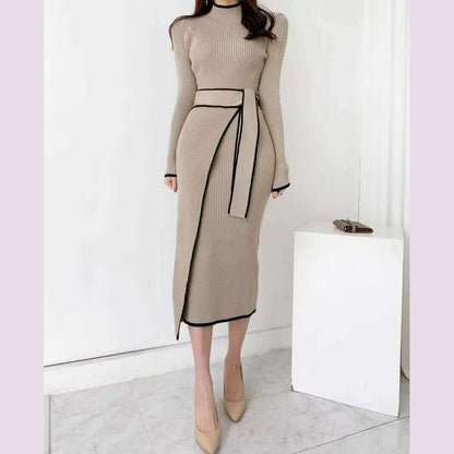 YuooMuoo Elegant Lace Up Turtleneck Knitted Long Dress Korean Fashion Khaki Black Rib Bandage Bodycon Sweater Dress Robe Femme