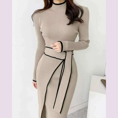 YuooMuoo Elegant Lace Up Turtleneck Knitted Long Dress Korean Fashion Khaki Black Rib Bandage Bodycon Sweater Dress Robe Femme