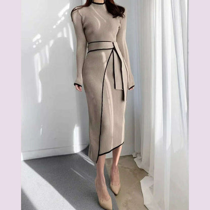 YuooMuoo Elegant Lace Up Turtleneck Knitted Long Dress Korean Fashion Khaki Black Rib Bandage Bodycon Sweater Dress Robe Femme