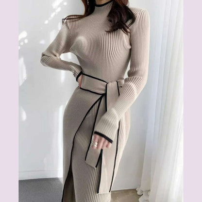 YuooMuoo Elegant Lace Up Turtleneck Knitted Long Dress Korean Fashion Khaki Black Rib Bandage Bodycon Sweater Dress Robe Femme