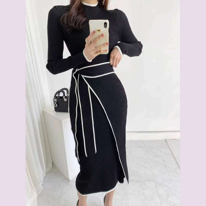YuooMuoo Elegant Lace Up Turtleneck Knitted Long Dress Korean Fashion Khaki Black Rib Bandage Bodycon Sweater Dress Robe Femme