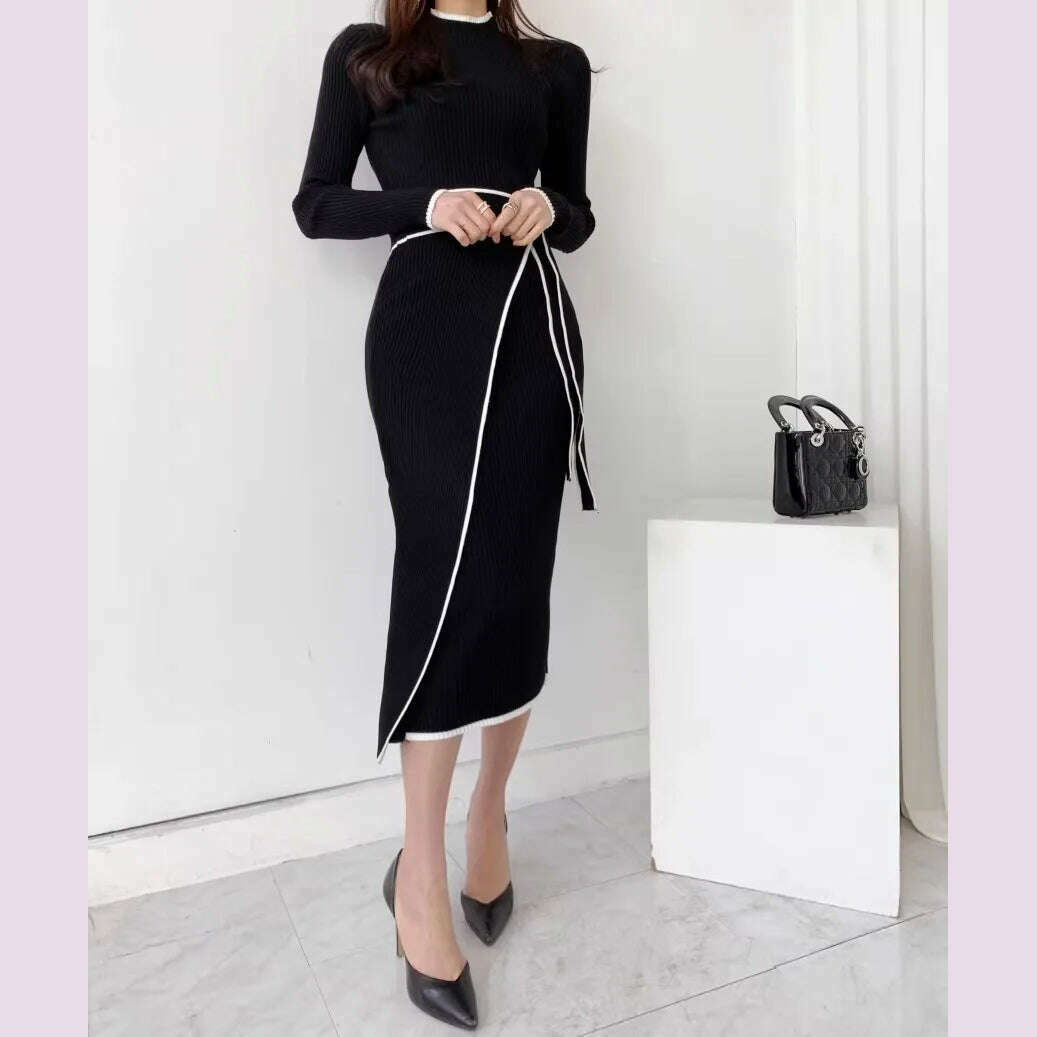 YuooMuoo Elegant Lace Up Turtleneck Knitted Long Dress Korean Fashion Khaki Black Rib Bandage Bodycon Sweater Dress Robe Femme