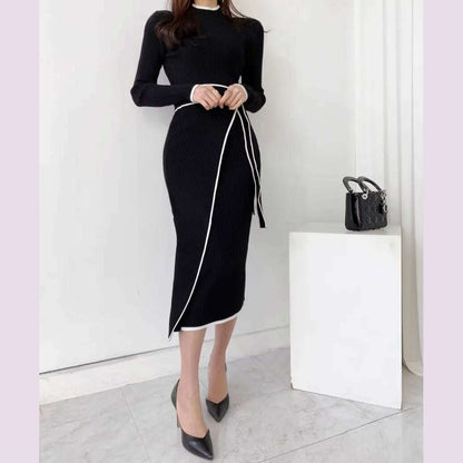 YuooMuoo Elegant Lace Up Turtleneck Knitted Long Dress Korean Fashion Khaki Black Rib Bandage Bodycon Sweater Dress Robe Femme